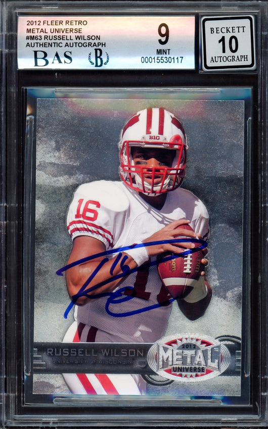 Russell Wilson Autographed 2012 Fleer Metal Universe Rookie Card #M-63 Wisconsin Badgers BGS 9 Auto Grade Gem Mint 10 Beckett BAS #15530117