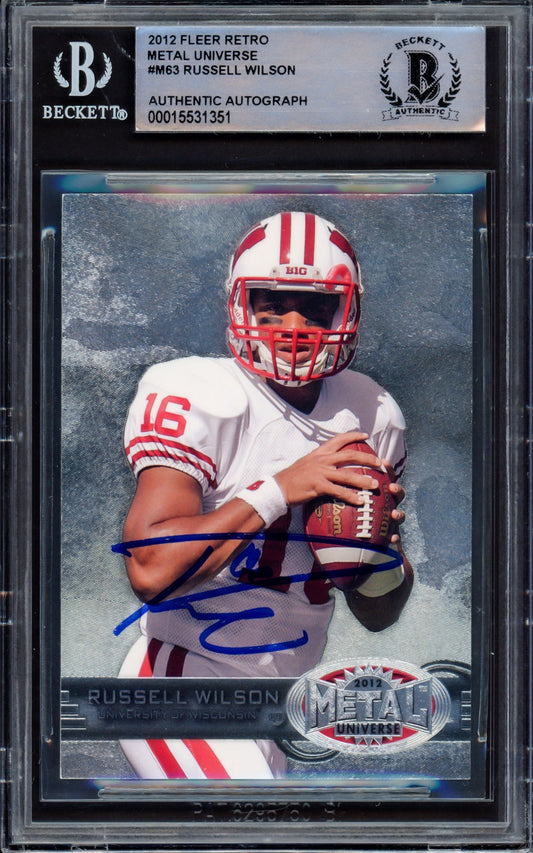 Russell Wilson Autographed 2012 Fleer Metal Universe Rookie Card #M-63 Wisconsin Badgers Beckett BAS #15531351