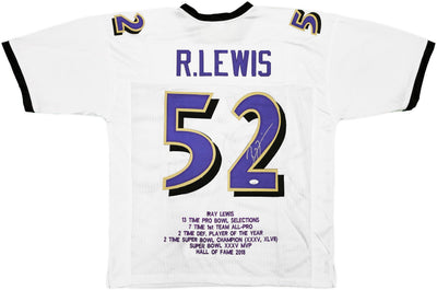 Baltimore Ravens Ray Lewis Autographed White Football Jersey With Stats JSA