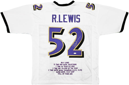Baltimore Ravens Ray Lewis Autographed White Football Jersey With Stats JSA