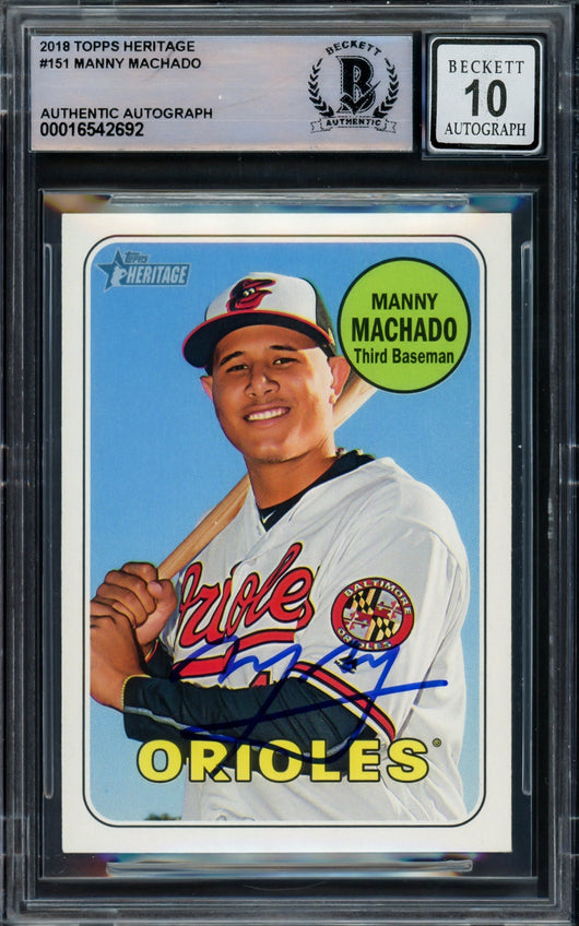 Manny Machado Autographed 2018 Topps Heritage Card #151 Baltimore Orioles Auto Grade Gem Mint 10 Beckett BAS