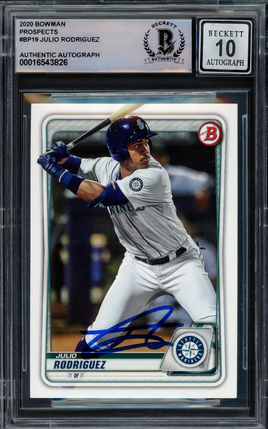 Julio Rodriguez Autographed 2020 Bowman Prospects Rookie Card #BP19 Seattle Mariners Auto Grade Gem Mint 10 Beckett BAS