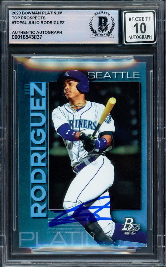 Julio Rodriguez Autographed 2020 Bowman Platinum Top Prospects Rookie Card #TOP94 Seattle Mariners Auto Grade Gem Mint 10 Beckett BAS