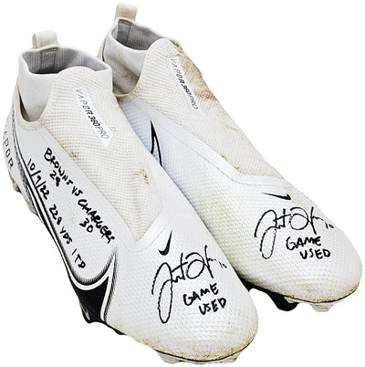 Justin Herbert Autographed Pair Of Game Used White & Black Nike Vapor 360 Pro Cleats Los Angeles Chargers "Game Used, Browns 28 vs Chargers 30, 10/9/22, 228 Yds, & 1 TD" Beckett BAS Witness #W453556 & #W453557