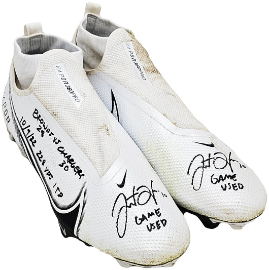Justin Herbert Autographed Pair Of Game Used White & Black Nike Vapor 360 Pro Cleats Los Angeles Chargers "Game Used, Browns 28 vs Chargers 30, 10/9/22, 228 Yds, & 1 TD" Beckett BAS Witness #W453556 & #W453557