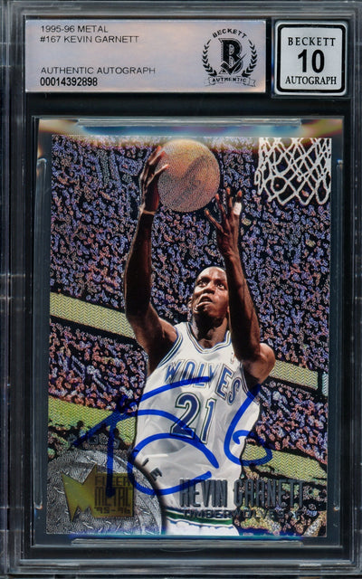 Kevin Garnett Autographed 1995-96 Fleer Metal Rookie Card #167 Minnesota Timberwolves Auto Grade Gem Mint 10 Beckett BAS Stock #215495