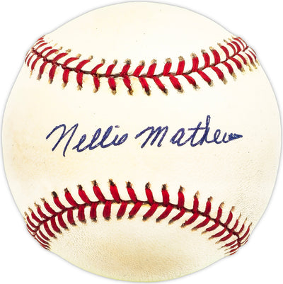 Nellie Mathews Autographed Official NL Baseball Cubs, KC A's Beckett BAS QR #BM25974