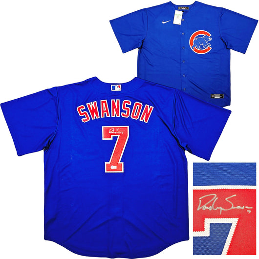 Chicago Cubs Dansby Swanson Autographed Blue Nike Jersey Size XL Beckett BAS QR Stock #215514