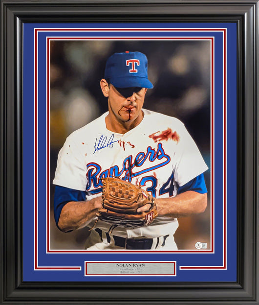 Nolan Ryan Autographed Framed 16x20 Photo Texas Rangers Bloody Beckett BAS QR