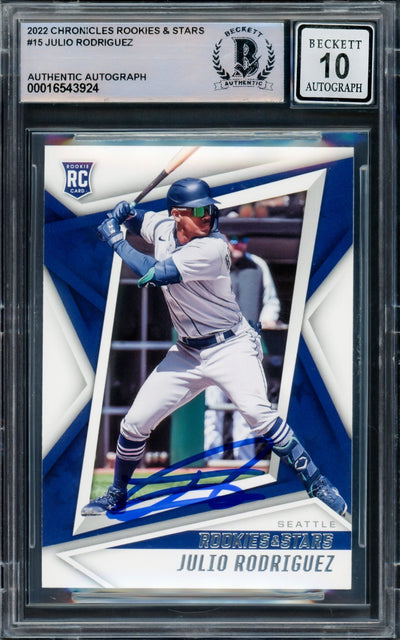 Julio Rodriguez Autographed 2022 Chronicles Rookies & Stars Rookie Card #15 Seattle Mariners Auto Grade Gem Mint 10 Beckett BAS #16543924