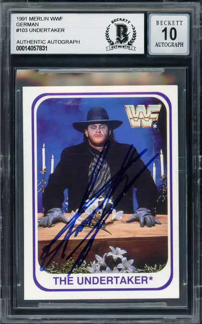 Undertaker Autographed 1991 Merlin WWF German Rookie Card #103 Auto Grade Gem Mint 10 Beckett BAS #14057831