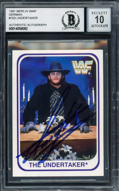 Undertaker Autographed 1991 Merlin WWF German Rookie Card #103 Auto Grade Gem Mint 10 Beckett BAS #14058092