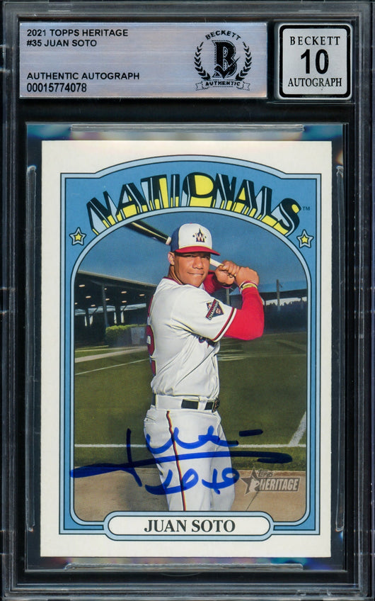 Juan Soto Autographed 2021 Topps Heritage Card #35 Washington Nationals Auto Grade Gem Mint 10 Beckett BAS Stock #216660
