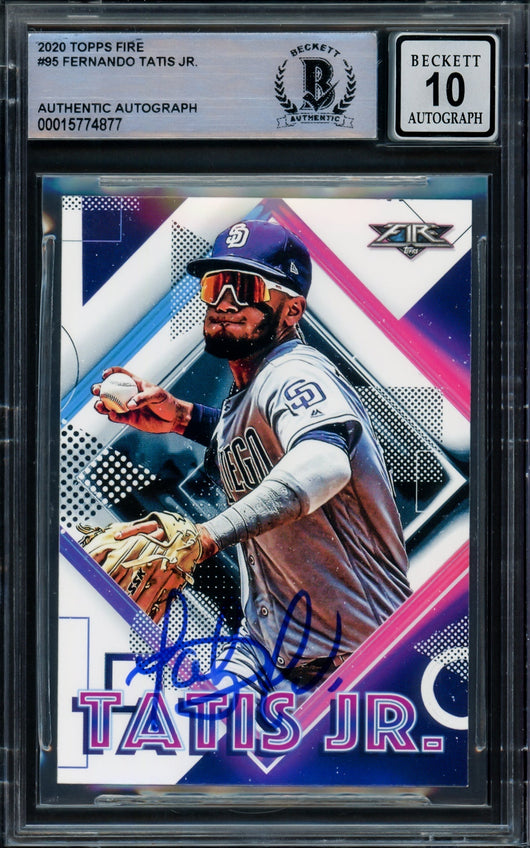 Fernando Tatis Jr. Autographed 2020 Topps Fire Card #95 San Diego Padres Auto Grade Gem Mint 10 Beckett BAS Stock #216668