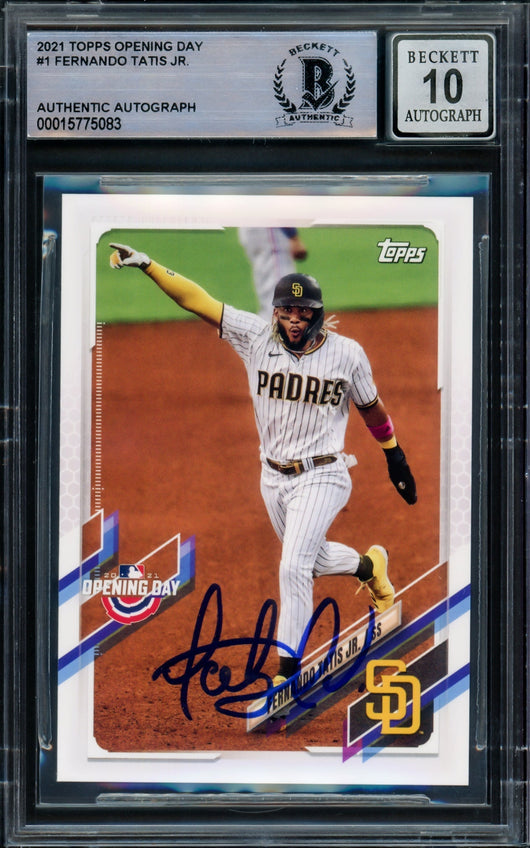 Fernando Tatis Jr. Autographed 2021 Topps Opening Day Card #1 San Diego Padres Auto Grade Gem Mint 10 Beckett BAS Stock #216672