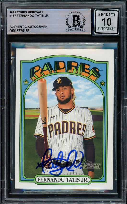 Fernando Tatis Jr. Autographed 2021 Topps Heritage Card #137 San Diego Padres Auto Grade Gem Mint 10 Beckett BAS Stock #216675