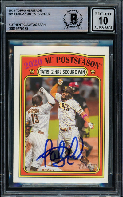 Fernando Tatis Jr. Autographed 2021 Topps Heritage Card #21 San Diego Padres Auto Grade Gem Mint 10 Beckett BAS Stock #216676