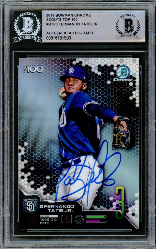 Fernando Tatis Jr. Autographed 2019 Bowman Chrome Scouts Top 100 Card #BTP3 San Diego Padres Beckett BAS Stock #216874