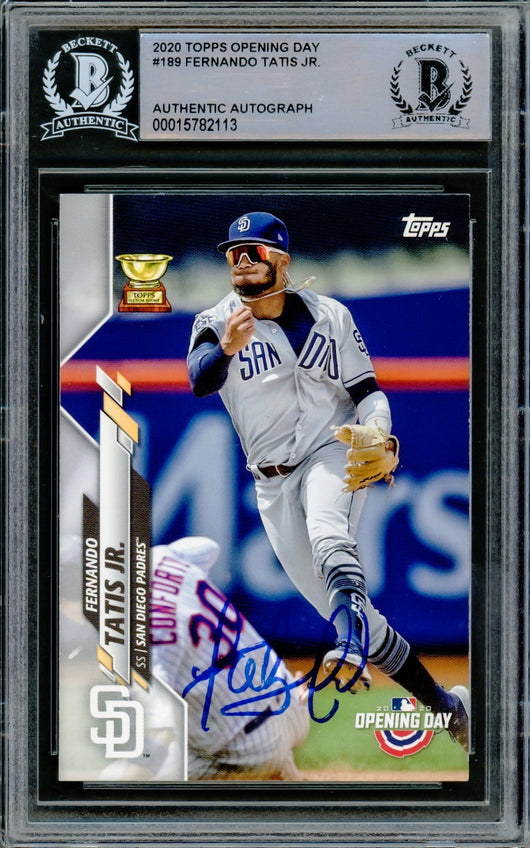 Fernando Tatis Jr. Autographed 2020 Topps Opening Day Card #189 San Diego Padres Beckett BAS Stock #216875