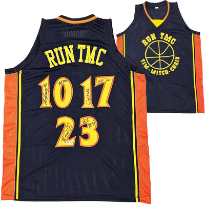 Golden State Warriors Chris Mullin, Tim Hardaway & Mitch Richmond Autographed Dark Blue Jersey Run TMC "HOF" Beckett BAS Witness Stock #216820