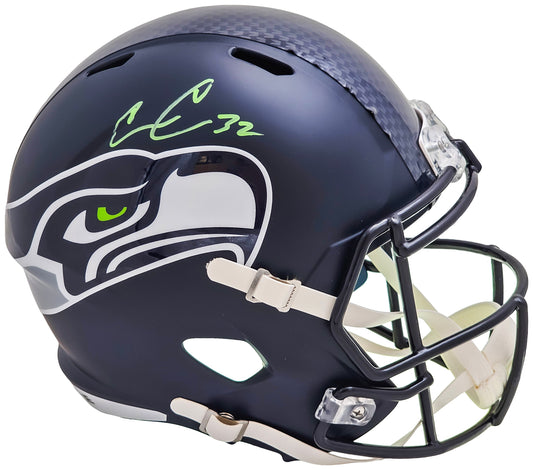 Chris Carson Autographed Seattle Seahawks Blue Full Size Speed Helmet (Decal Bubbling) Fanatics Holo Stock #216807