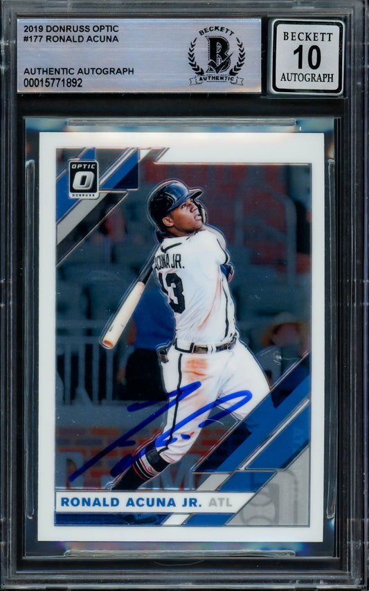 Ronald Acuna Jr. Autographed 2019 Donruss Optic Card #177 Atlanta Braves Auto Grade Gem Mint 10 Beckett BAS #15771892
