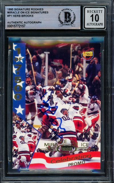 Herb Brooks Autographed 1995 Signature Rookies Card #P1 1980 Team USA Auto Grade Gem Mint 10 Beckett BAS #15772157