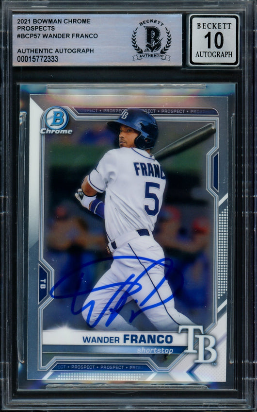 Wander Franco Autographed 2021 Bowman Chrome Rookie Card #BCP57 Tampa Bay Rays Auto Grade Gem Mint 10 Beckett BAS #15772333