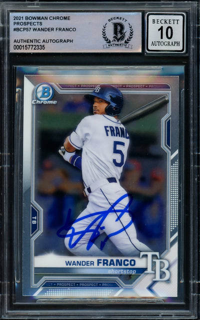 Wander Franco Autographed 2021 Bowman Chrome Rookie Card #BCP57 Tampa Bay Rays Auto Grade Gem Mint 10 Beckett BAS #15772335