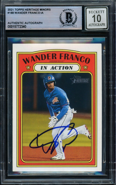 Wander Franco Autographed 2021 Topps Heritage Minor League Rookie Card #188 Tampa Bay Rays Auto Grade Gem Mint 10 Beckett BAS #15772340