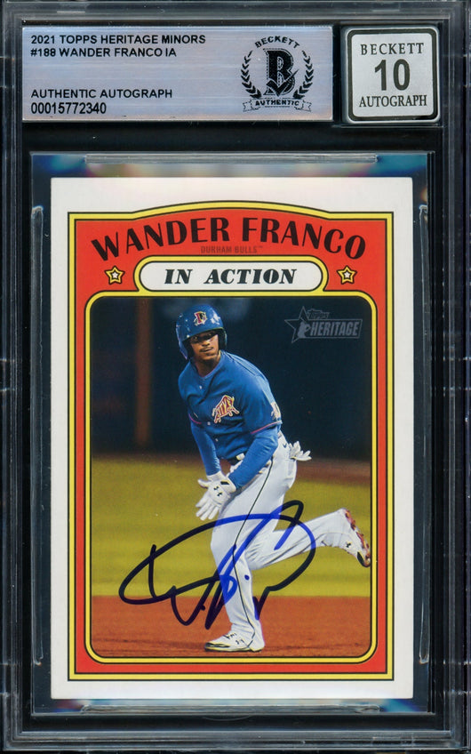 Wander Franco Autographed 2021 Topps Heritage Minor League Rookie Card #188 Tampa Bay Rays Auto Grade Gem Mint 10 Beckett BAS #15772340