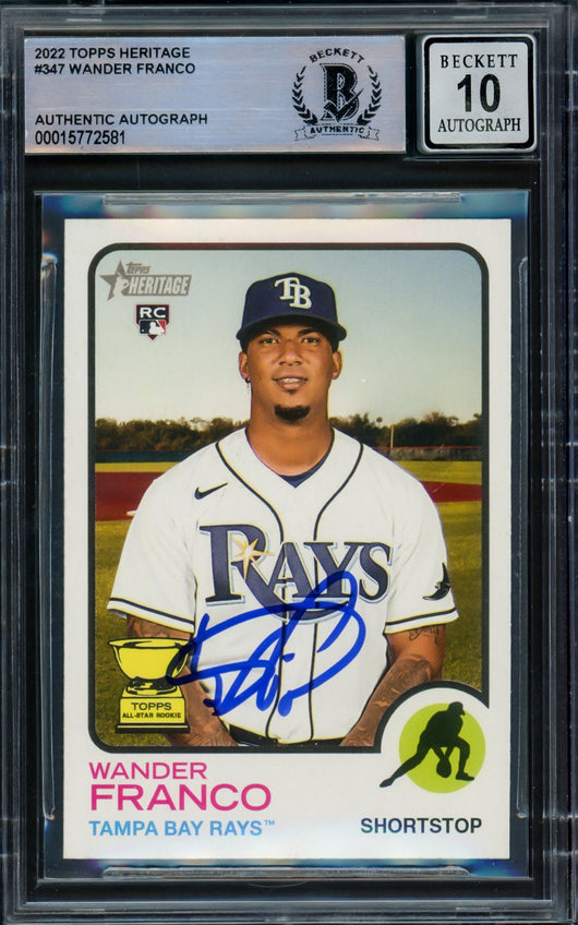 Wander Franco Autographed 2022 Topps Heritage Rookie Card #347 Tampa Bay Rays Auto Grade Gem Mint 10 Beckett BAS #15772581