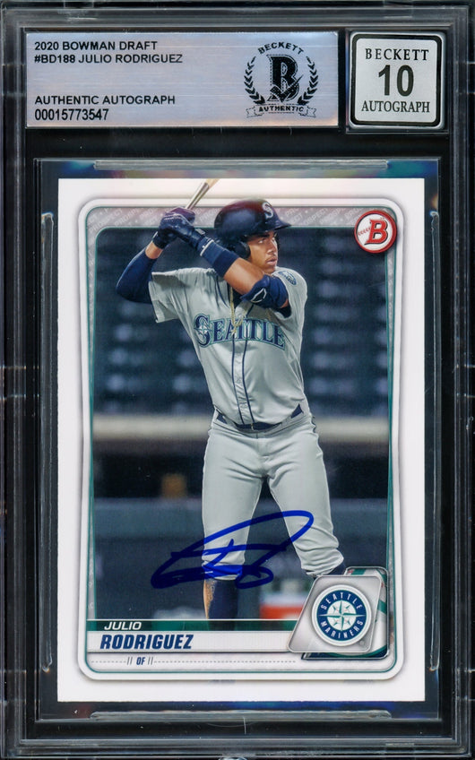 Julio Rodriguez Autographed 2020 Bowman Draft Rookie Card #BD188 Seattle Mariners Auto Grade Gem Mint 10 Beckett BAS #15773547