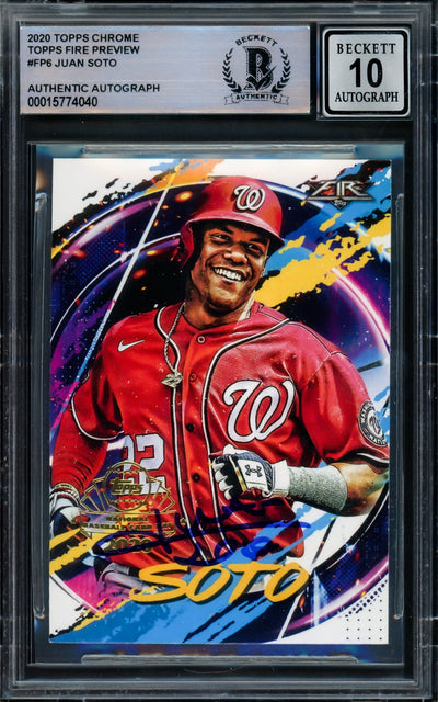 Juan Soto Autographed 2020 Topps Fire National BB Card Day Card #FP-6 Washington Nationals Auto Grade Gem Mint 10 Beckett BAS #15774040