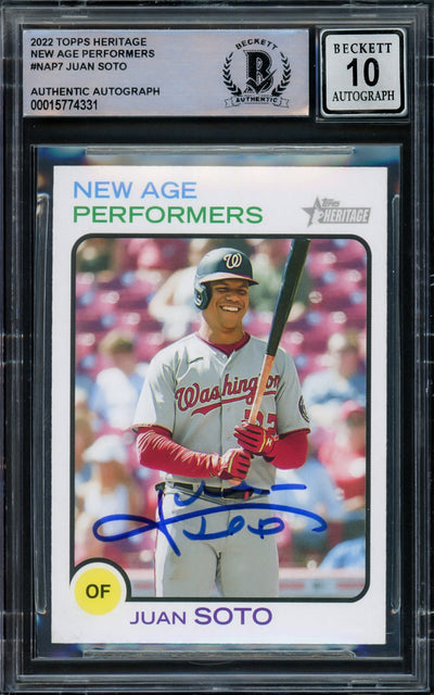 Juan Soto Autographed 2022 Topps Heritage New Age Performers Card #NAP-7 Washington Nationals Auto Grade Gem Mint 10 Beckett BAS #15774331