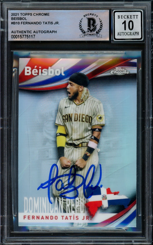 Fernando Tatis Jr. Autographed 2021 Topps Chrome Beisbol Card #B-10 San Diego Padres Auto Grade Gem Mint 10 Beckett BAS #15775117
