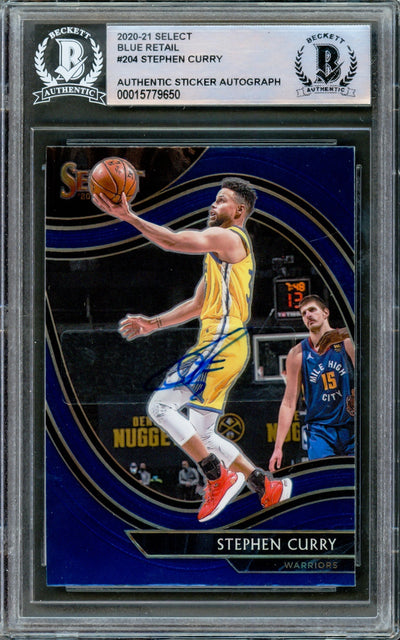 Stephen Curry Autographed 2020-21 Panini Select Blue Retail Card #204 Golden State Warriors Beckett BAS #15779650