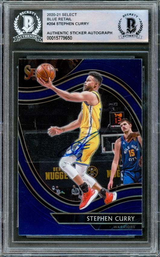 Stephen Curry Autographed 2020-21 Panini Select Blue Retail Card #204 Golden State Warriors Beckett BAS #15779650