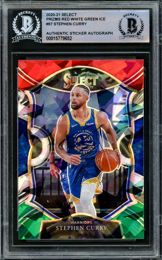 Stephen Curry Autographed 2020-21 Panini Select Red White & Green Ice Prizm Card #57 Golden State Warriors Beckett BAS #15779652