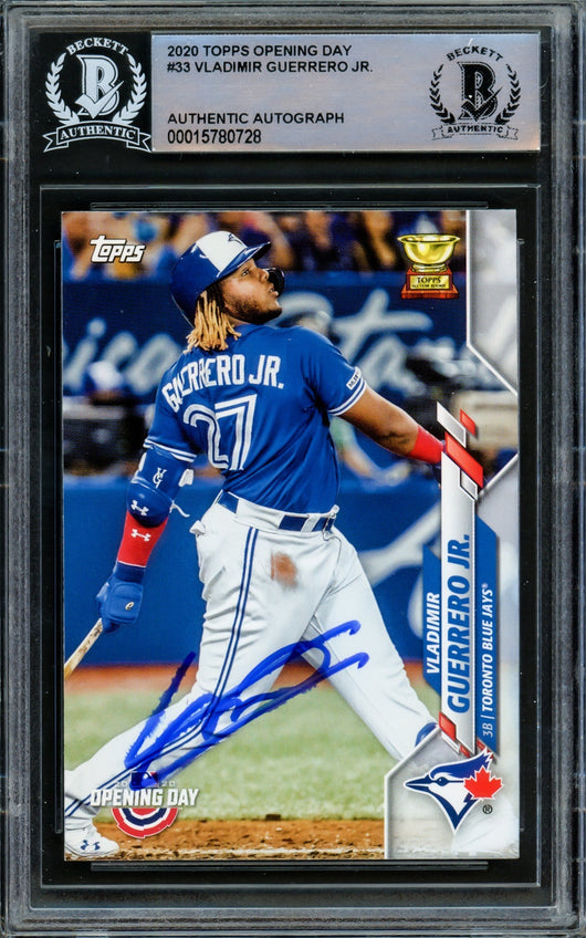 Vladimir Guerrero Jr. Autographed 2020 Topps Opening Day Card #33 Toronto Blue Jays (Smudged) Beckett BAS #15780728