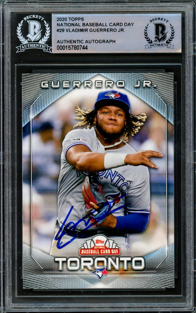 Vladimir Guerrero Jr. Autographed 2020 Topps National Baseball Card Day Card #29 Toronto Blue Jays Beckett BAS #15780744