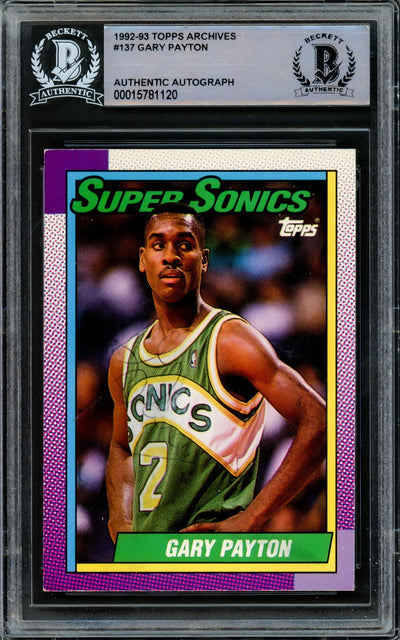 Gary Payton Autographed 1991-92 Topps Archives Card #137 Seattle Supersonics (Light) Beckett BAS #15781120