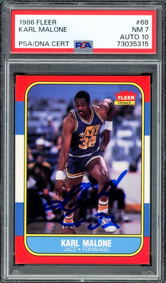 Karl Malone Autographed 1986 Fleer Rookie Card #68 Utah Jazz PSA 7 Auto Grade Gem Mint 10 PSA/DNA #73035315