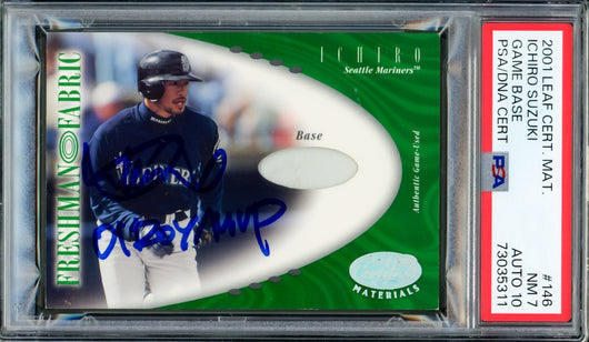 Ichiro Suzuki Autographed 2001 Leaf Certified Material Rookie Card #146 Seattle Mariners PSA 7 Auto Grade Gem Mint 10 "01 ROY/MVP" With Game Used Base #191/200 PSA/DNA #73035311