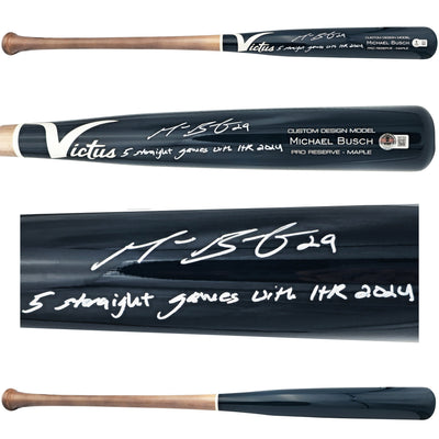 Michael Busch Autographed Navy Victus Player Model Baseball Bat Chicago Cubs "5 Straight Games With HR 2024" Beckett BAS Witness