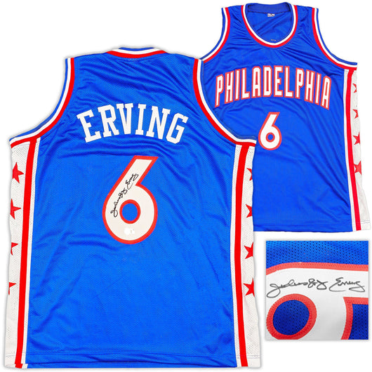 Philadelphia 76ers Julius "Dr. J" Erving Autographed Blue Jersey Beckett BAS Witness