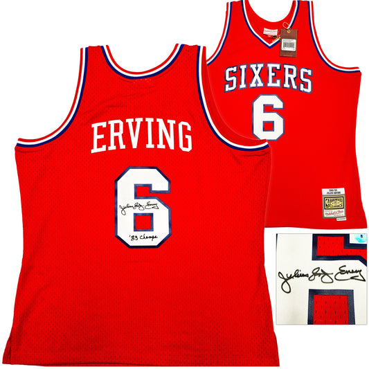 Philadelphia 76ers Julius "Dr. J" Erving Autographed Red Mitchell & Ness Hardwood Classics HWC Swingman 1982-83 Jersey Size XL "83 Champs" Beckett BAS Witness