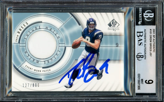 Drew Brees Autographed 2001 Upper Deck SP Authentic Rookie Card #101 San Diego Chargers BGS 9 Auto Grade Gem Mint 10 Jersey Patch #127/800 Beckett BAS #15681986