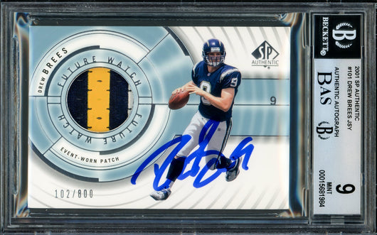 Drew Brees Autographed 2001 Upper Deck SP Authentic Rookie Card #101 San Diego Chargers BGS 9 Auto Grade Gem Mint 10 Jersey Patch #102/800 Beckett BAS #15681984