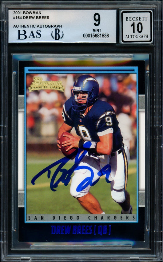 Drew Brees Autographed 2001 Bowman Rookie Card #164 San Diego Chargers BGS 9 Auto Grade Gem Mint 10 Beckett BAS #15681836